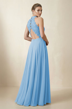 Lace Halter A - Line Chiffon Bridesmaid Dress in Steel Blue - KISS BRIDAL Bridesmaid Dresses