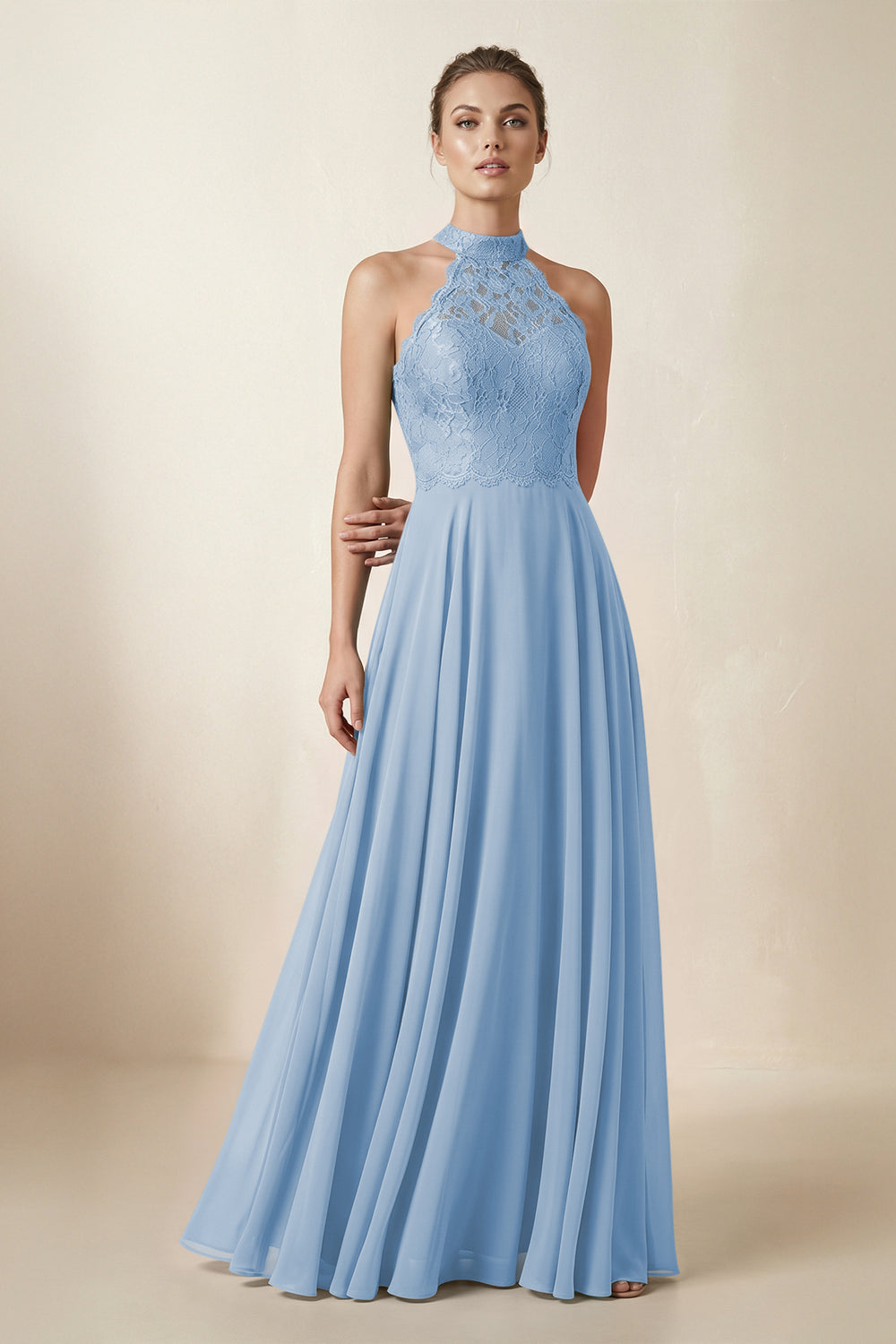 Lace Halter A-Line Chiffon Bridesmaid Dress in Steel Blue