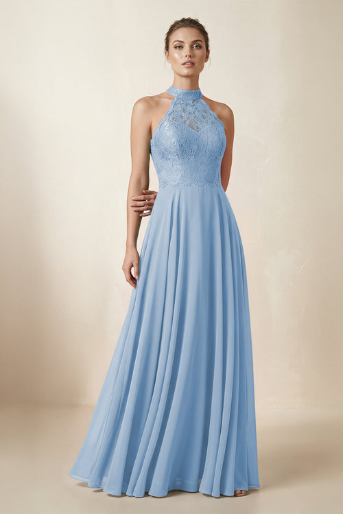 Lace Halter A-Line Chiffon Bridesmaid Dress in Steel Blue | KISSBRIDAL