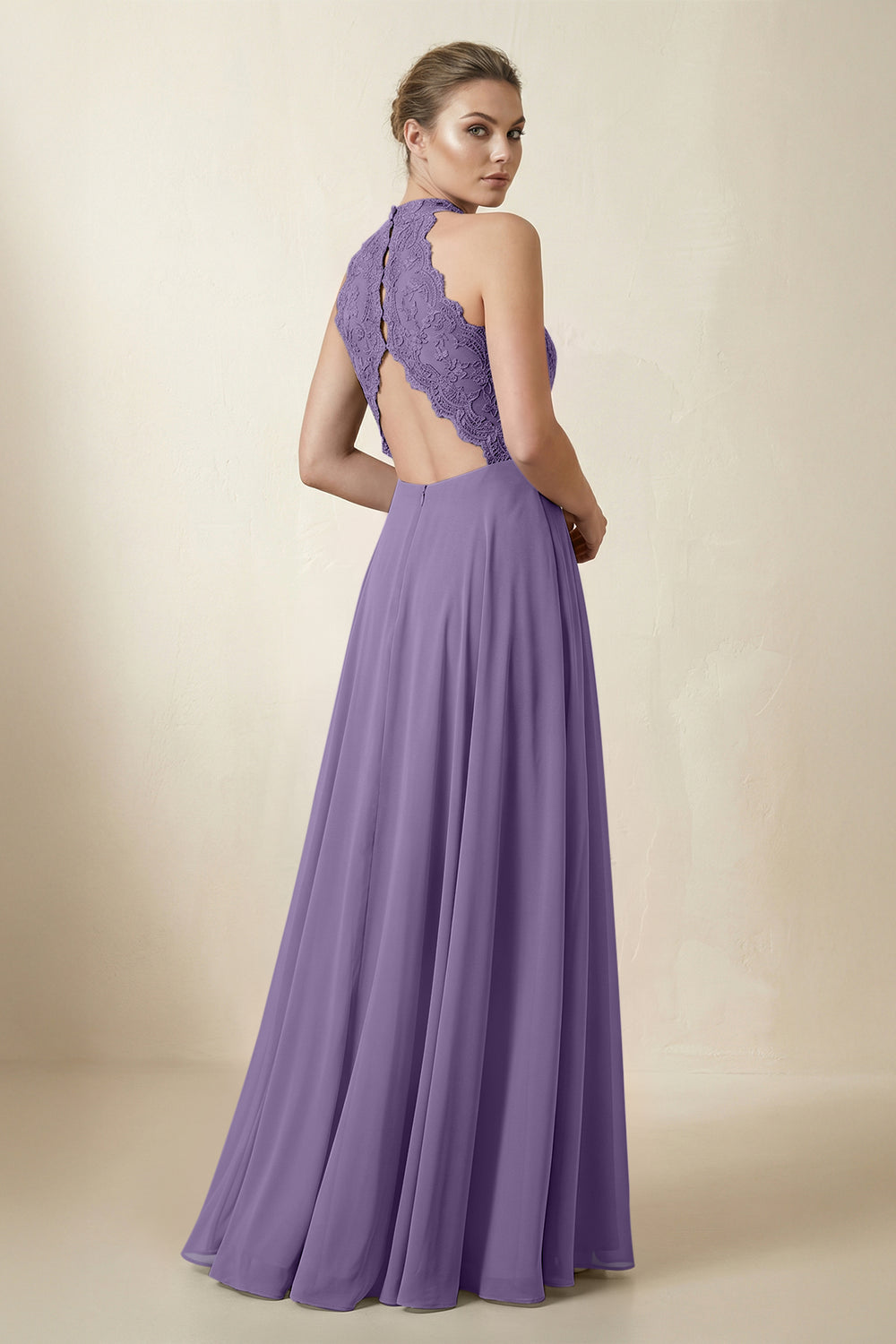 Lace Halter A-Line Chiffon Bridesmaid Dress in Tahiti