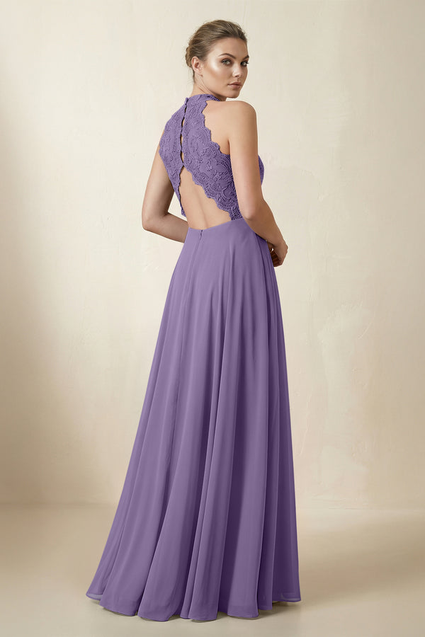 Lace Halter A-Line Chiffon Bridesmaid Dress in Tahiti (2) | KISSBRIDAL