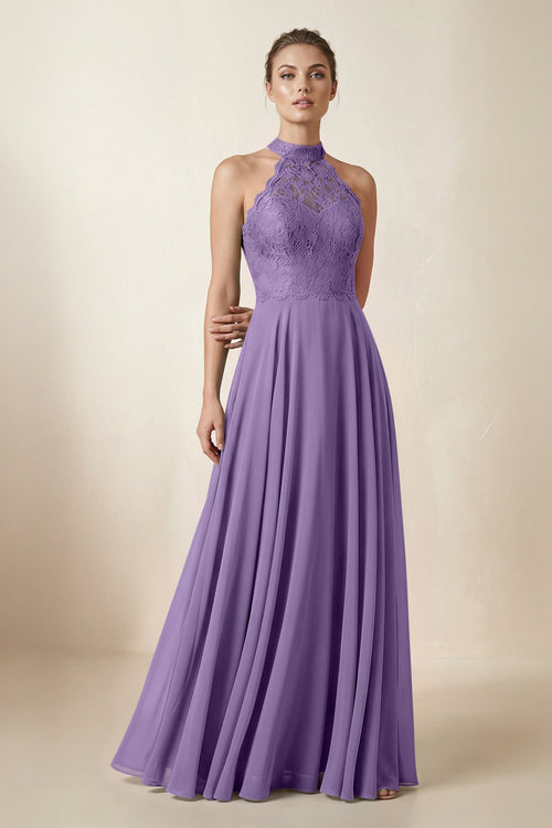 Lace Halter A - Line Chiffon Bridesmaid Dress in Tahiti - KISS BRIDAL Bridesmaid Dresses