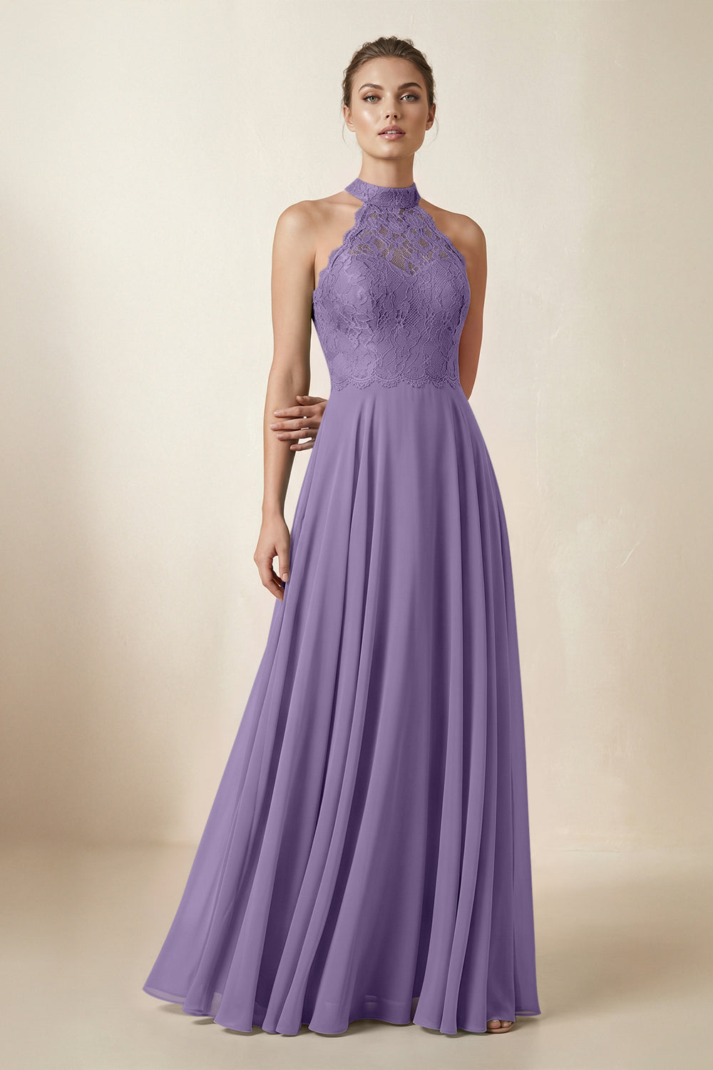 Lace Halter A-Line Chiffon Bridesmaid Dress in Tahiti