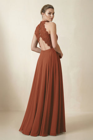 Lace Halter A-Line Chiffon Bridesmaid Dress in Terracotta (2) | KISSBRIDAL