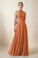 Lace Halter A - Line Chiffon Bridesmaid Dress in Terracotta - KISS BRIDAL Bridesmaid Dresses
