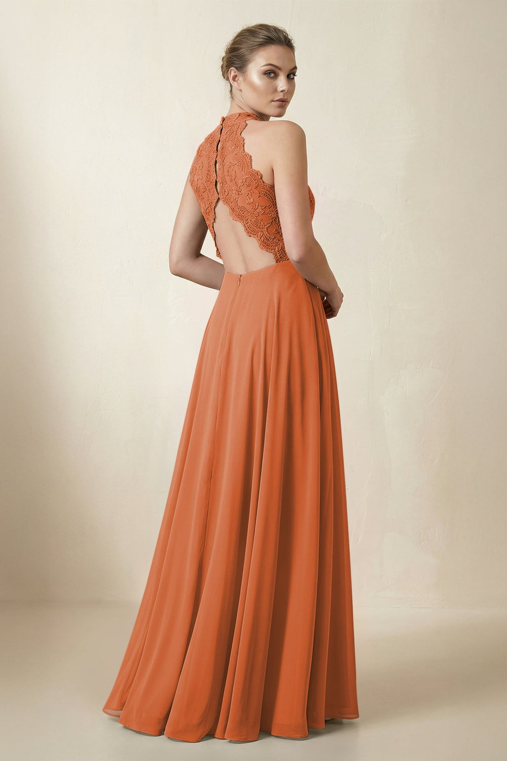 Lace Halter A - Line Chiffon Bridesmaid Dress in Terracotta - KISS BRIDAL Bridesmaid Dresses