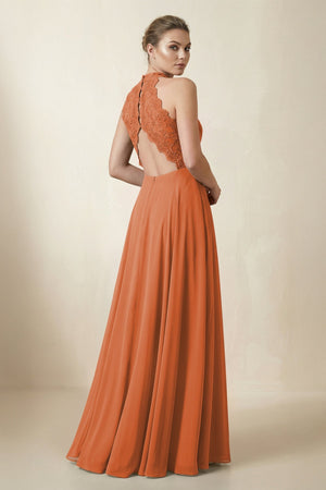 Lace Halter A - Line Chiffon Bridesmaid Dress in Terracotta - KISS BRIDAL Bridesmaid Dresses