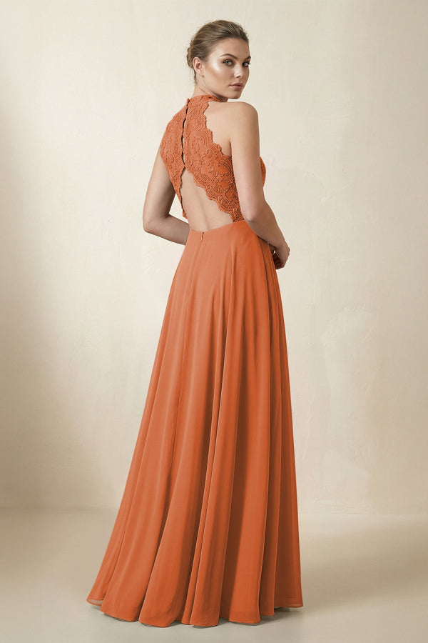 Lace Halter A - Line Chiffon Bridesmaid Dress in Terracotta - KISS BRIDAL Bridesmaid Dresses