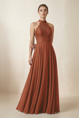 Lace Halter A-Line Chiffon Bridesmaid Dress in Terracotta | KISSBRIDAL