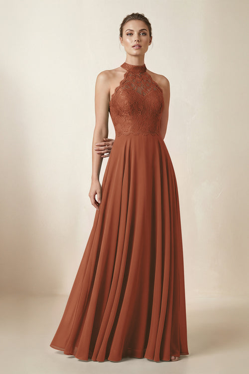 Lace Halter A-Line Chiffon Bridesmaid Dress in Terracotta | KISSBRIDAL