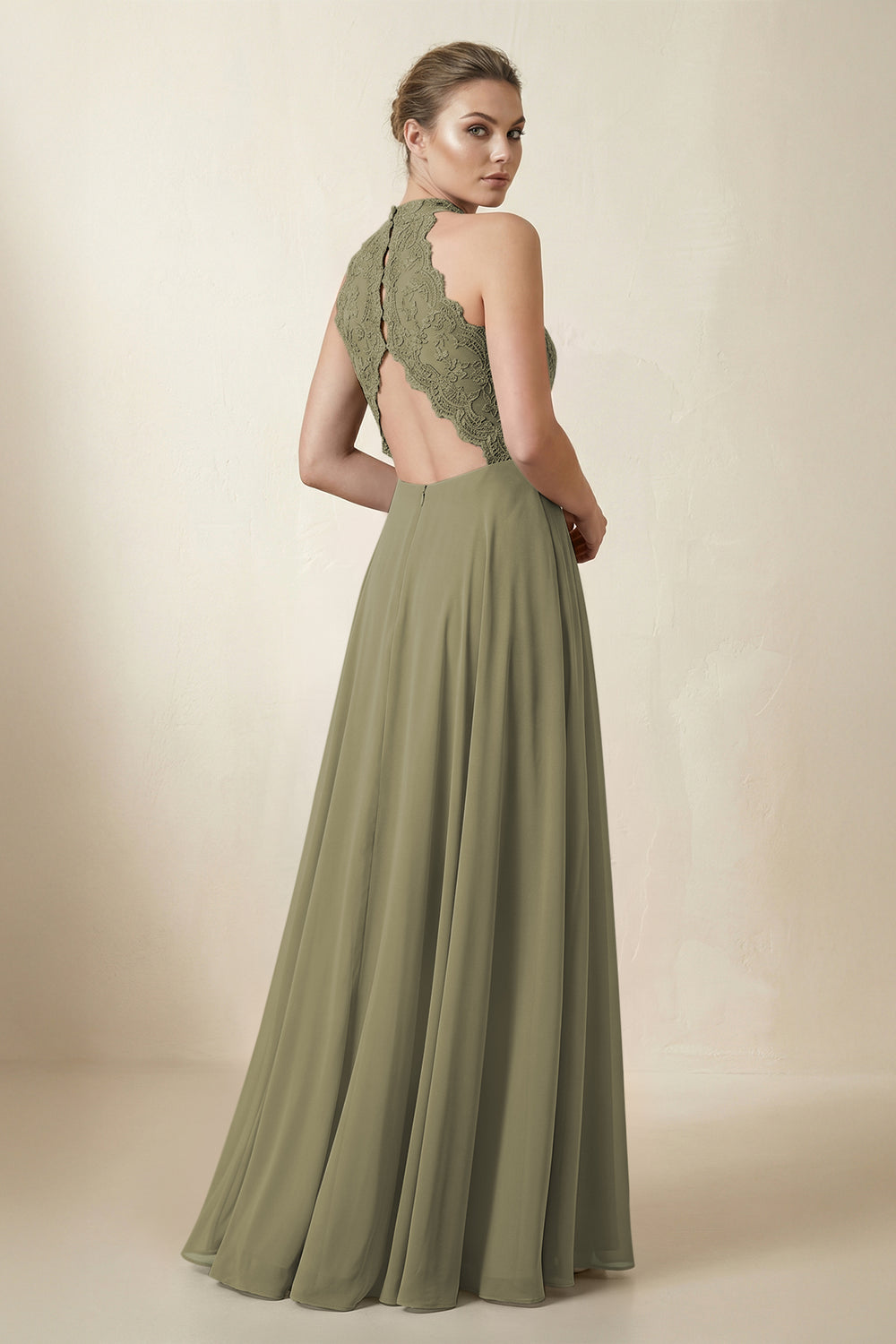 Lace Halter A-Line Chiffon Bridesmaid Dress in Thyme
