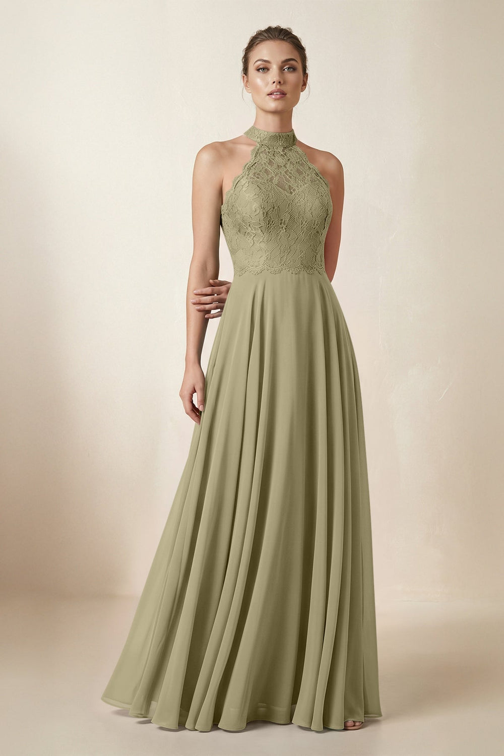 Lace Halter A - Line Chiffon Bridesmaid Dress in Thyme - KISS BRIDAL Bridesmaid Dresses