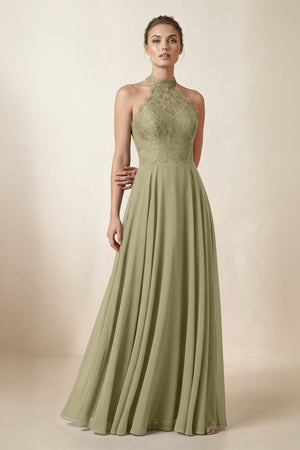 Lace Halter A - Line Chiffon Bridesmaid Dress in Thyme - KISS BRIDAL Bridesmaid Dresses