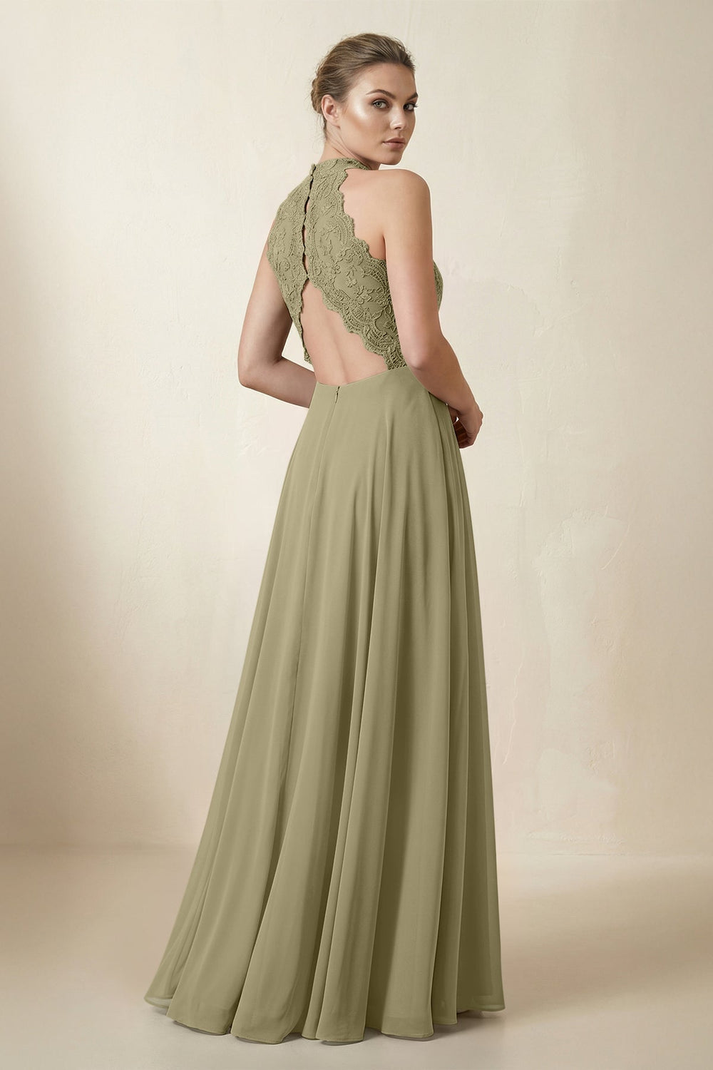 Lace Halter A - Line Chiffon Bridesmaid Dress in Thyme - KISS BRIDAL Bridesmaid Dresses
