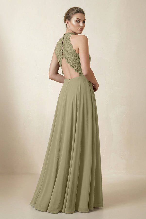 Lace Halter A - Line Chiffon Bridesmaid Dress in Thyme - KISS BRIDAL Bridesmaid Dresses