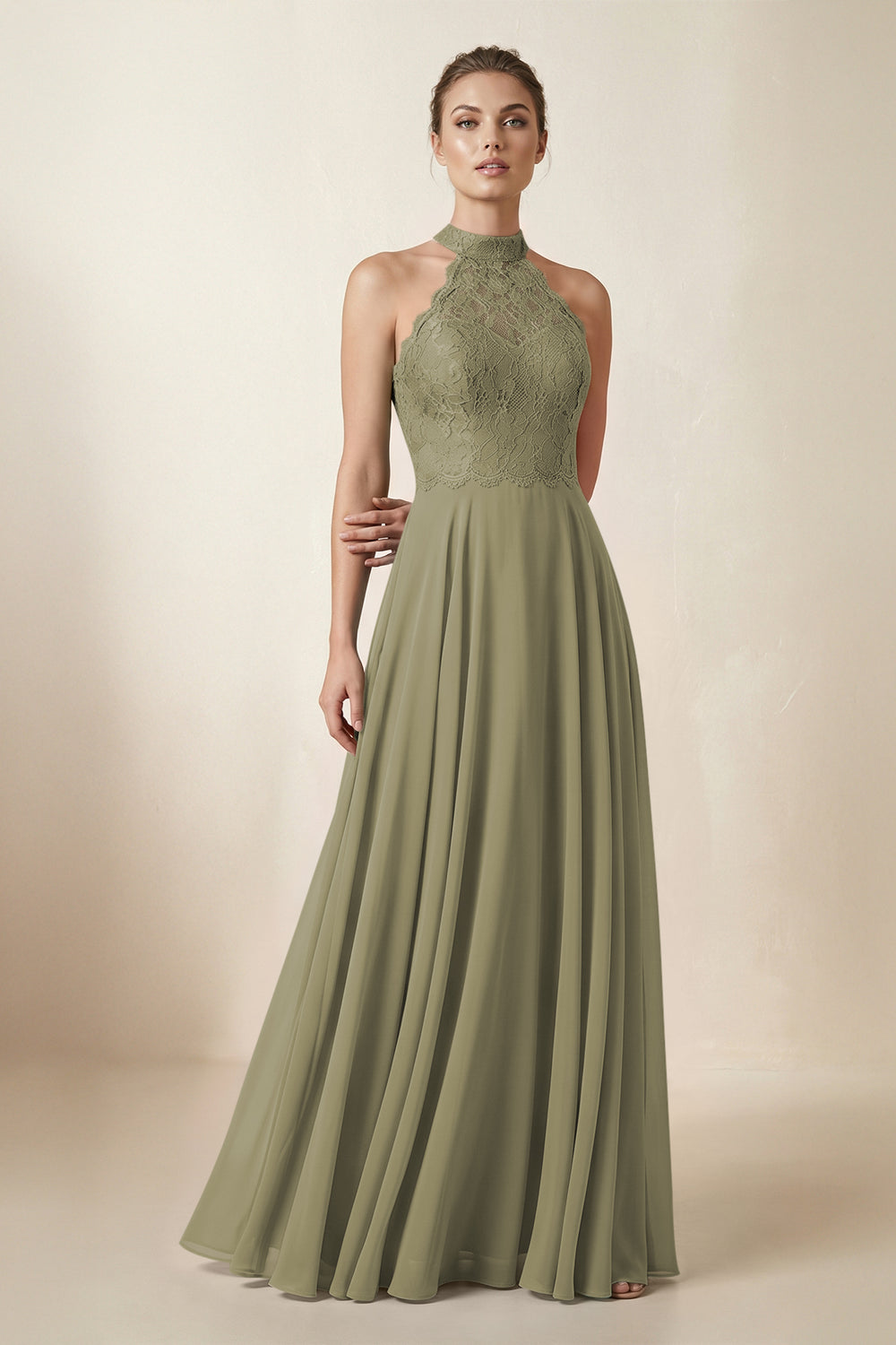 Lace Halter A-Line Chiffon Bridesmaid Dress in Thyme