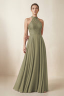 Lace Halter A-Line Chiffon Bridesmaid Dress in Thyme | KISSBRIDAL
