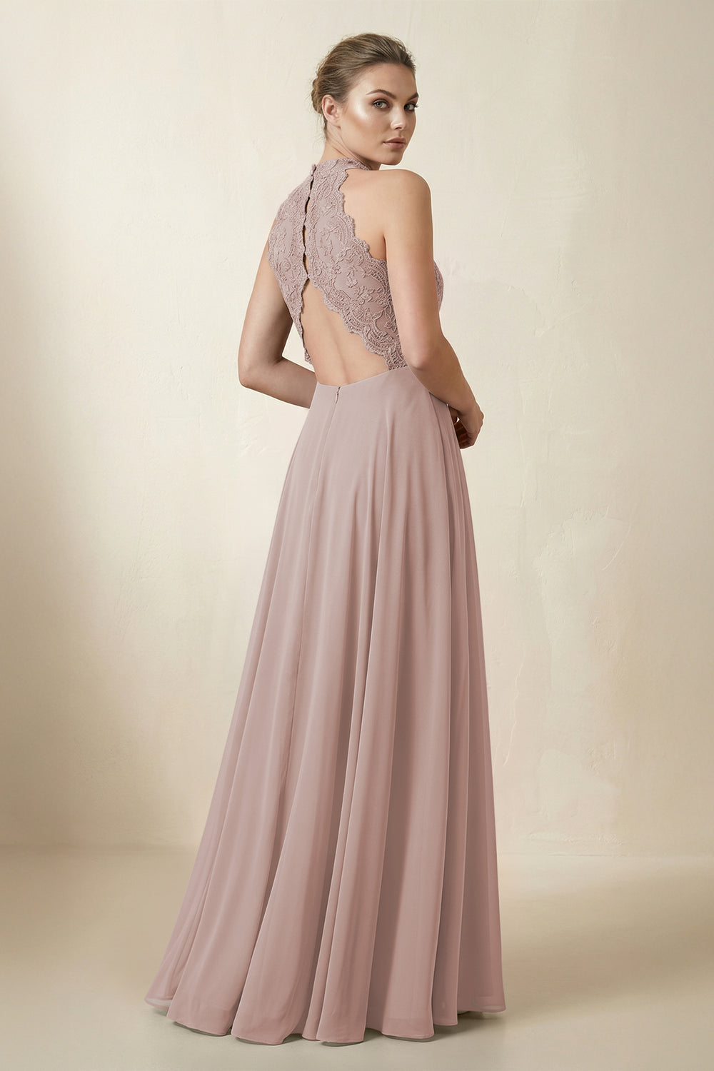 Lace Halter A-Line Chiffon Bridesmaid Dress in Toffee