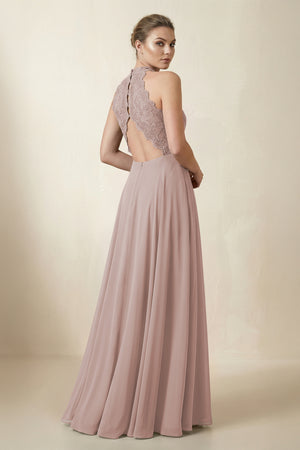 Lace Halter A-Line Chiffon Bridesmaid Dress in Toffee (2) | KISSBRIDAL