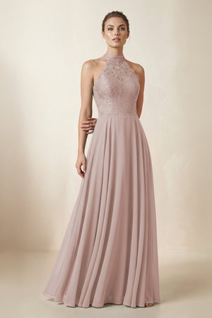 Lace Halter A-Line Chiffon Bridesmaid Dress in Toffee | KISSBRIDAL