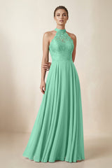 Lace Halter A - Line Chiffon Bridesmaid Dress in Turquoise - KISS BRIDAL Bridesmaid Dresses