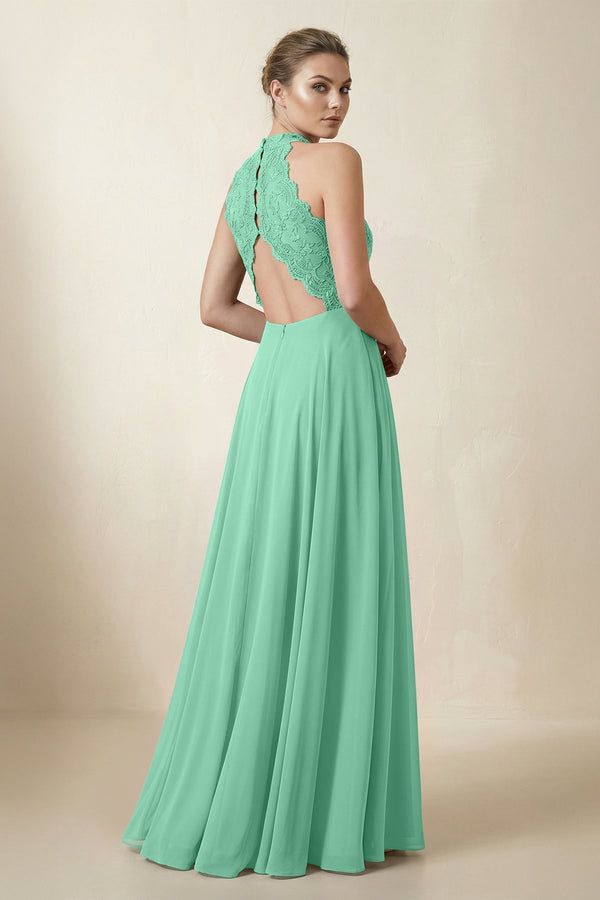Lace Halter A - Line Chiffon Bridesmaid Dress in Turquoise - KISS BRIDAL Bridesmaid Dresses