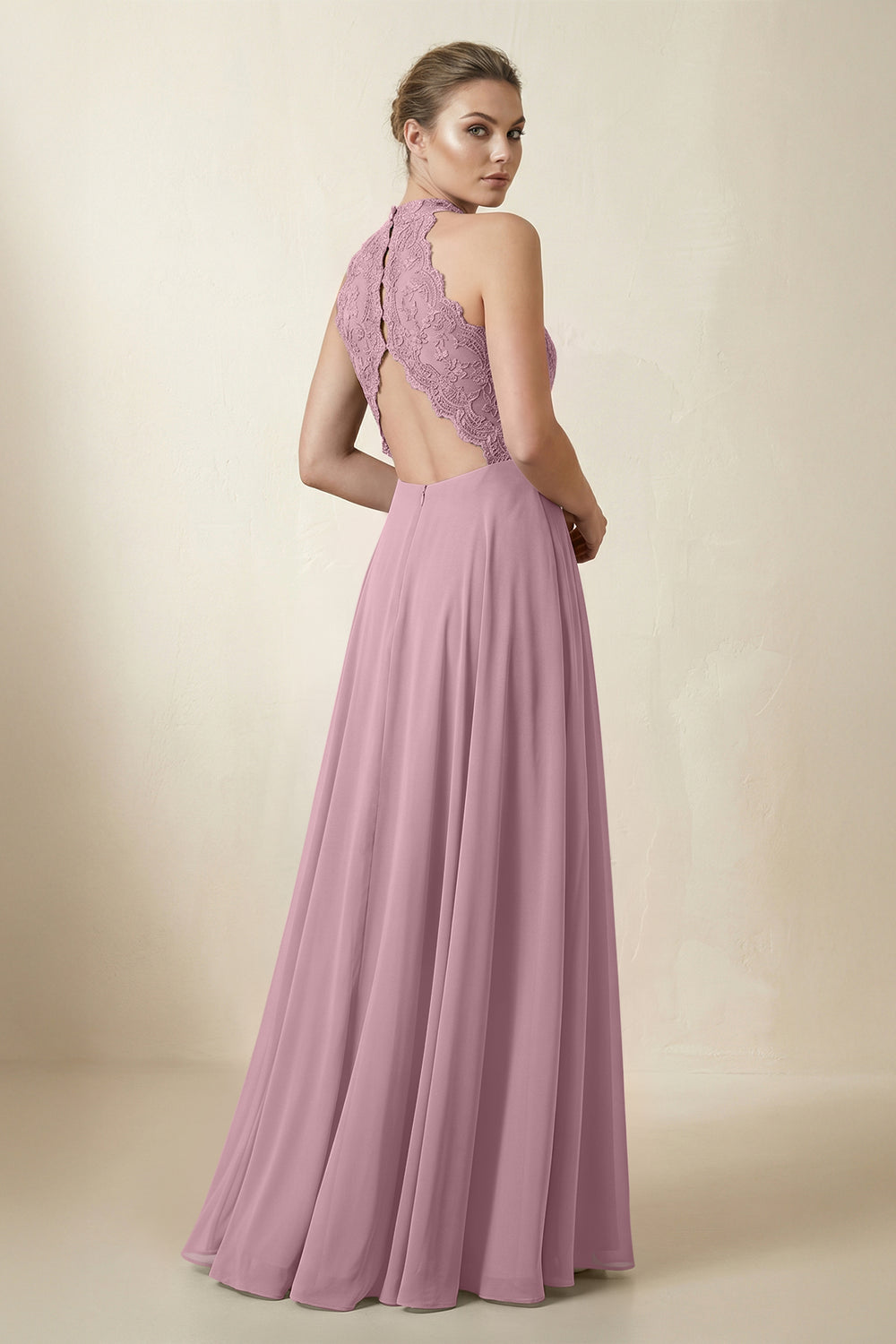 Lace Halter A-Line Chiffon Bridesmaid Dress in Vintage Mauve