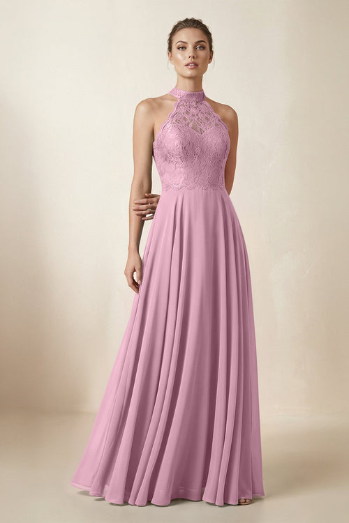 Lace Halter A - Line Chiffon Bridesmaid Dress in Vintage Mauve - KISS BRIDAL Bridesmaid Dresses