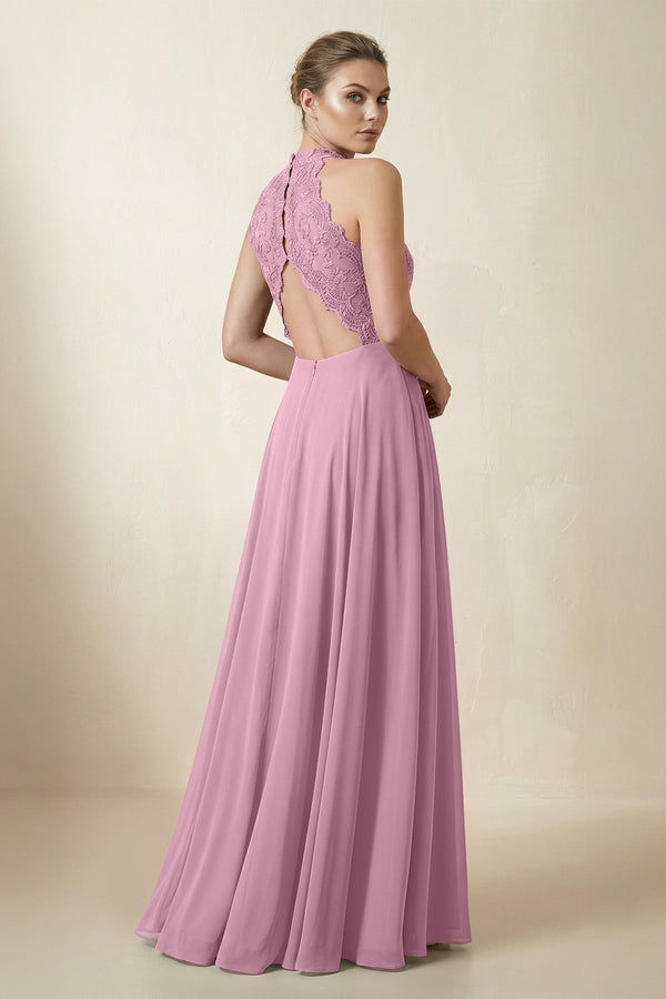 Lace Halter A - Line Chiffon Bridesmaid Dress in Vintage Mauve - KISS BRIDAL Bridesmaid Dresses