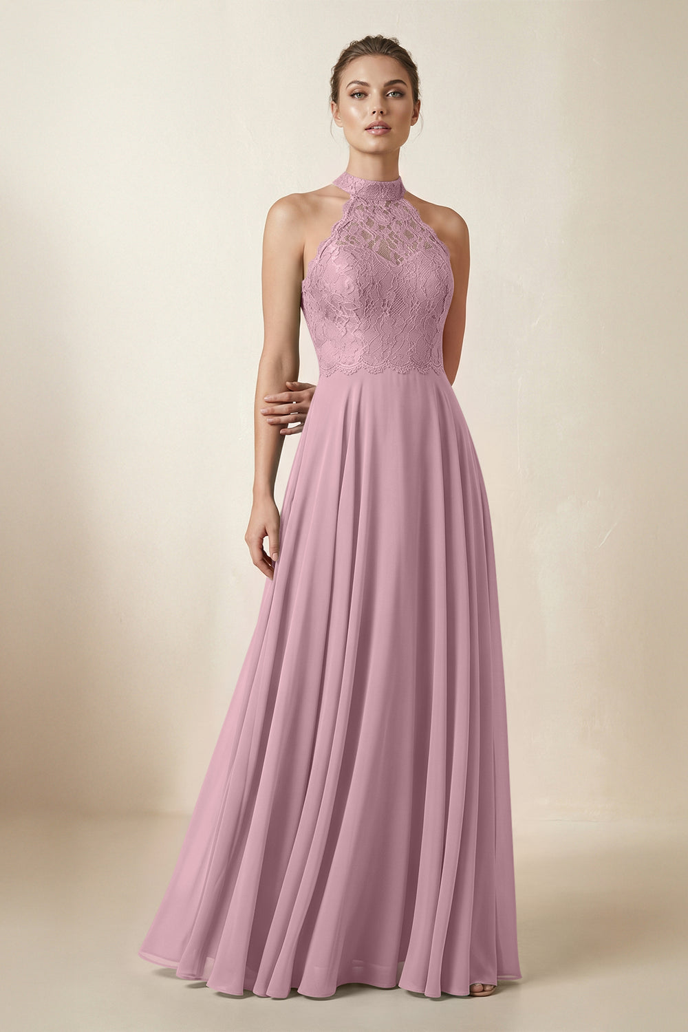 Lace Halter A-Line Chiffon Bridesmaid Dress in Vintage Mauve