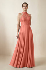Lace Halter A - Line Chiffon Bridesmaid Dress in Wild Rose - KISS BRIDAL Bridesmaid Dresses