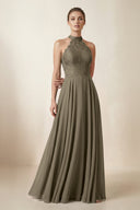 Lace Halter A - Line Chiffon Bridesmaid Dress in Willow Green - KISS BRIDAL Bridesmaid Dresses