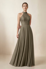 Lace Halter A - Line Chiffon Bridesmaid Dress in Willow Green - KISS BRIDAL Bridesmaid Dresses