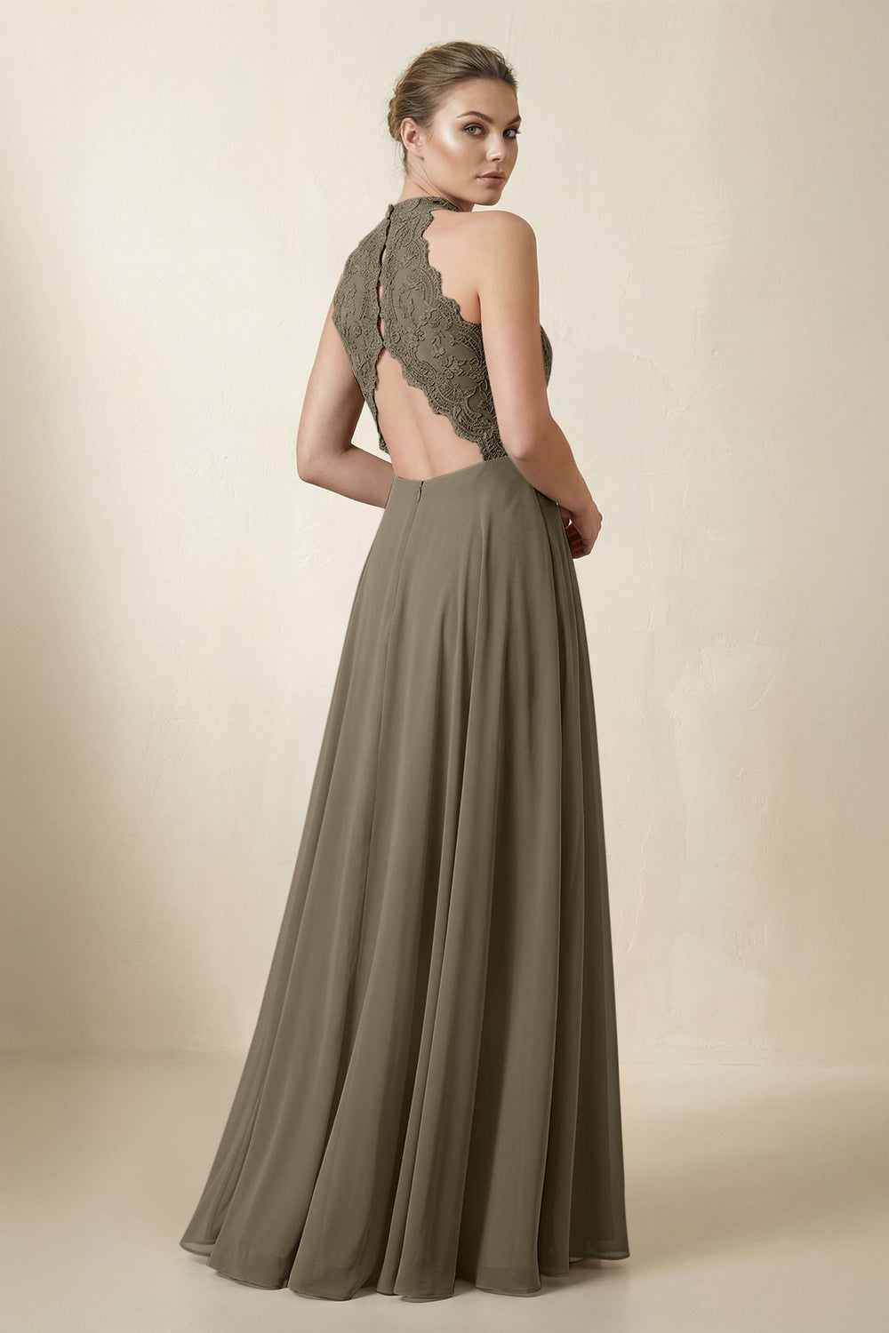 Lace Halter A - Line Chiffon Bridesmaid Dress in Willow Green - KISS BRIDAL Bridesmaid Dresses