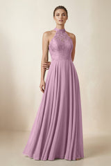 Lace Halter A - Line Chiffon Bridesmaid Dress in Wisteria - KISS BRIDAL Bridesmaid Dresses