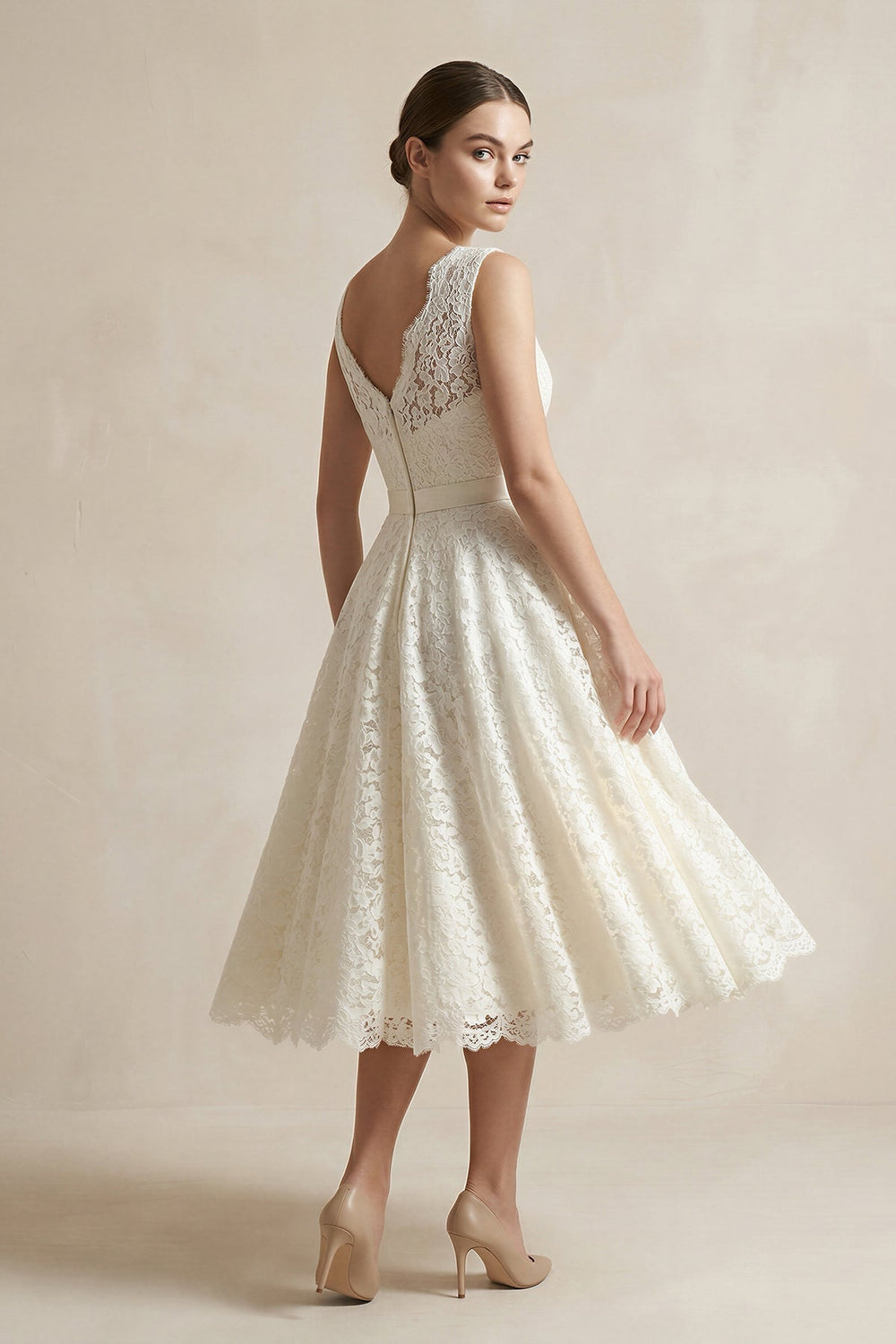 Lace Illusion Neck Lace A - Line Midi Wedding Dress in White - KISS BRIDAL Wedding Dresses