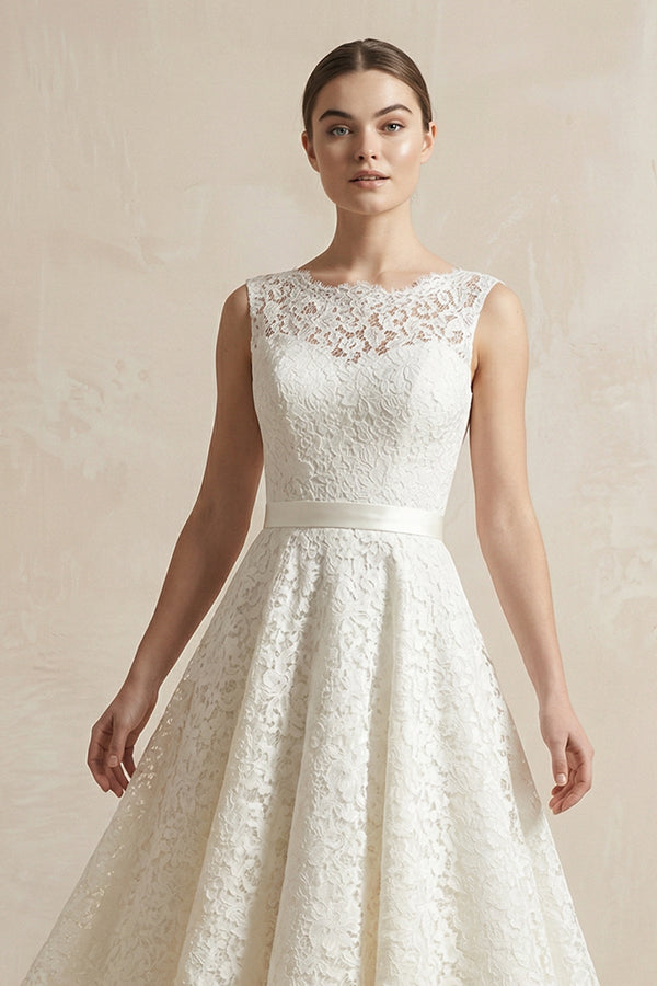 Lace Illusion Neck Lace A - Line Midi Wedding Dress in White - SHE IS ME Wedding Dresses