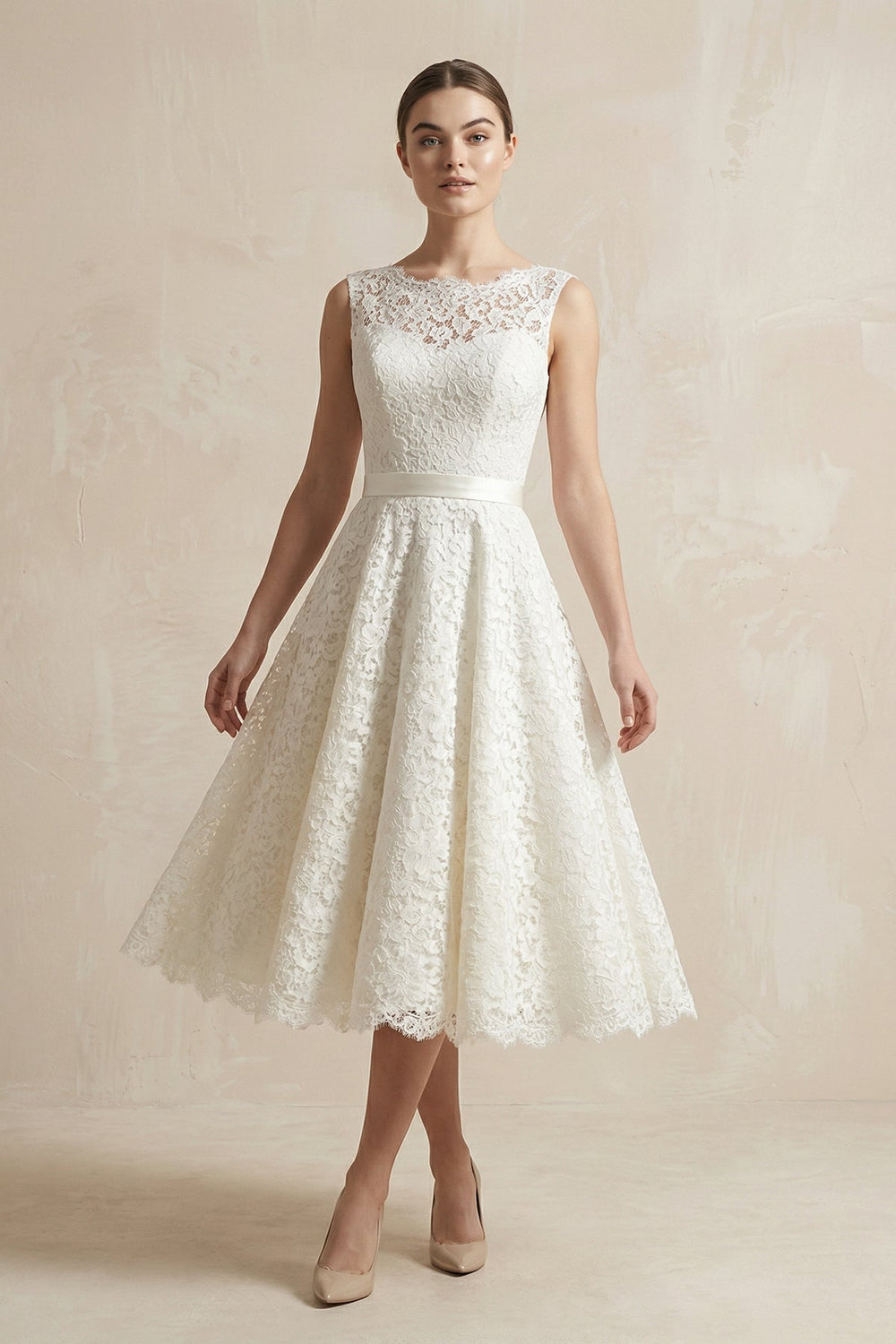 Lace Illusion Neck Lace A - Line Midi Wedding Dress in White - KISS BRIDAL Wedding Dresses