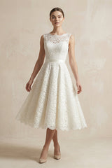 Lace Illusion Neck Lace A - Line Midi Wedding Dress in White - KISS BRIDAL Wedding Dresses