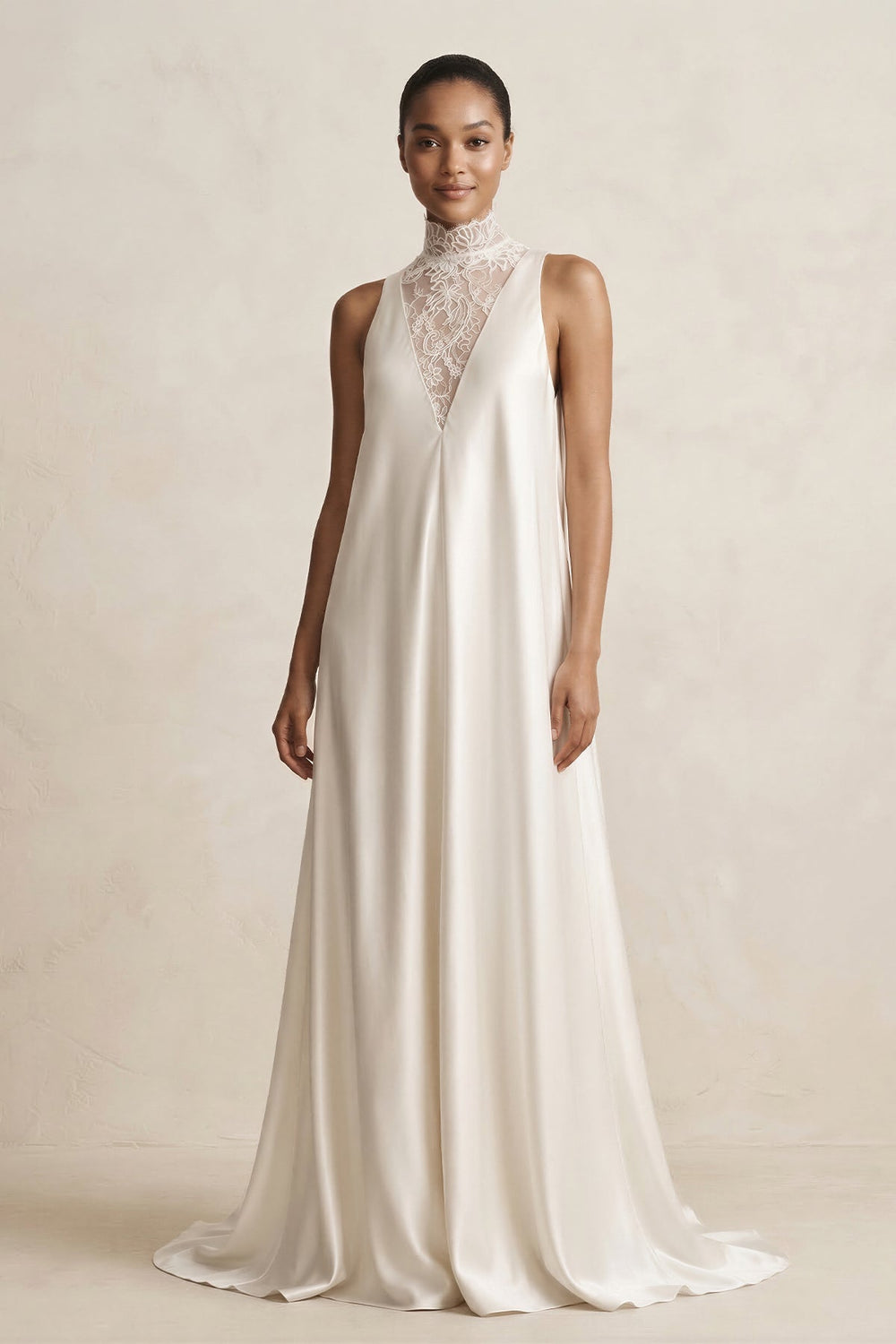 Lace Illusion Neck Satin A - Line Wedding Dress in Ivory - KISS BRIDAL Wedding Dresses