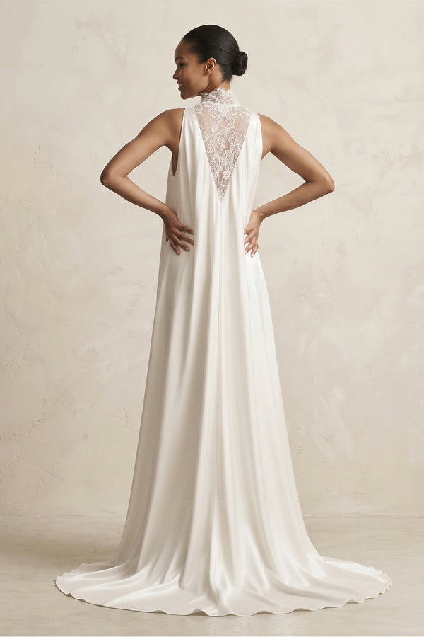 Lace Illusion Neck Satin A - Line Wedding Dress in Ivory - SHE IS ME Wedding Dresses