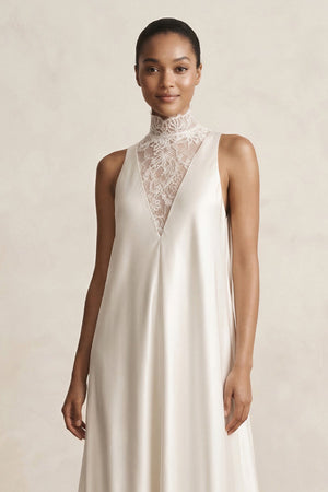 Lace Illusion Neck Satin A - Line Wedding Dress in Ivory - SHE IS ME Wedding Dresses