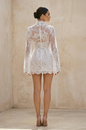 Lace Long Sleeve Illusion Neck Mini Wedding Dress in Ivory - SHE IS ME Wedding Dresses