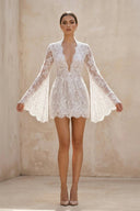 Lace Long Sleeve Plunging V Neck Mini Wedding Dress in Ivory - SHE IS ME Wedding Dresses