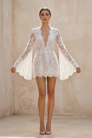 Lace Long Sleeve Plunging V Neck Mini Wedding Dress in Ivory - SHE IS ME Wedding Dresses