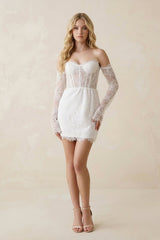 Lace Long Sleeves Sweetheart Sheath Mini Wedding Dress in White - KISS BRIDAL Wedding Dresses