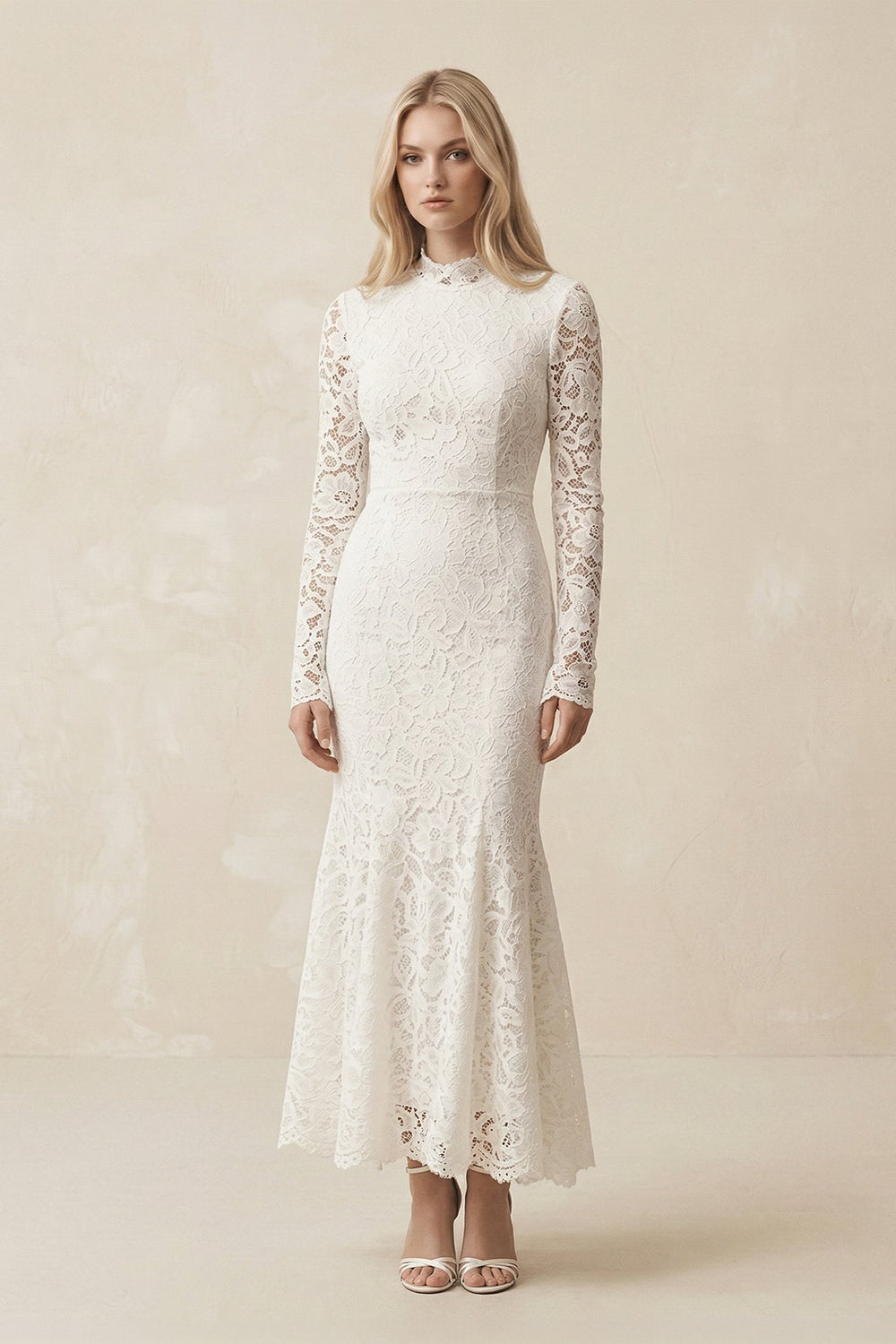 Lace Mermaid High - Neck Midi Wedding Dress With Long Sleeves in Ivory - KISS BRIDAL Wedding Dresses