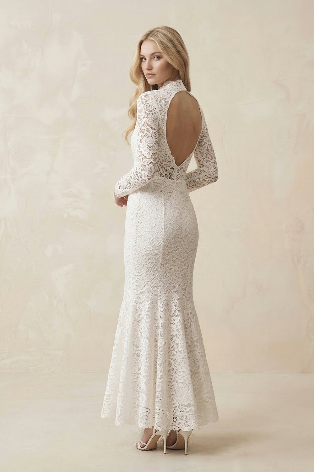 Lace Mermaid High - Neck Midi Wedding Dress With Long Sleeves in Ivory - KISS BRIDAL Wedding Dresses