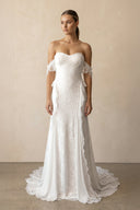 Lace Off - the - Shoulder Sheath Ruffled Wedding Dress in Ivory - SHE IS ME Wedding Dresses