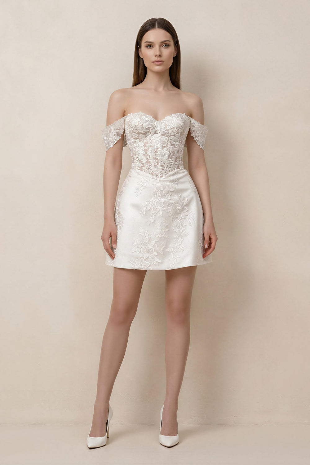 Lace Sheath A - Line Off - the - Shoulder Mini Wedding Dress in White - KISS BRIDAL Wedding Dresses